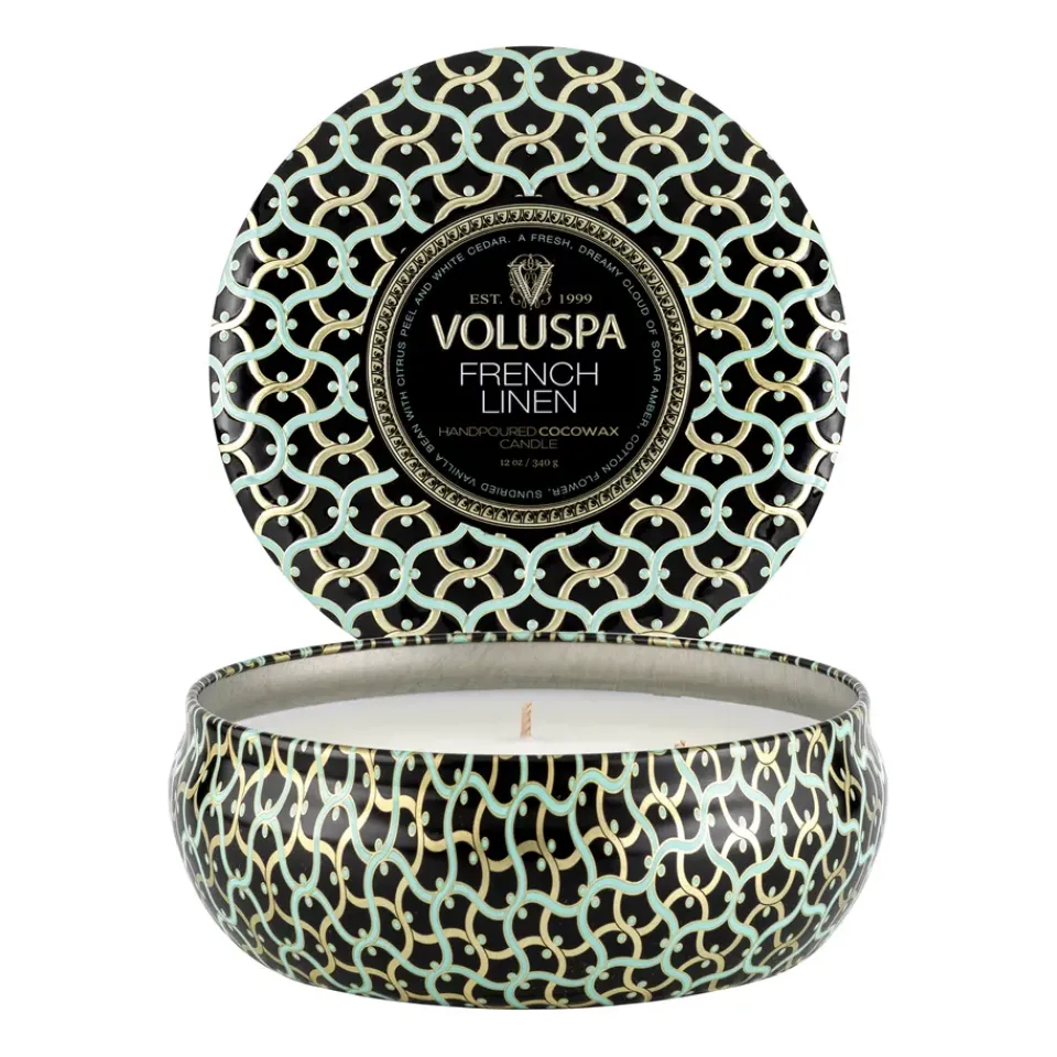 Bougies Parfumées & Diffuseurs<Voluspa Bougie parfumée Maison Noir 3-wick Tin 40 heures, French Linen